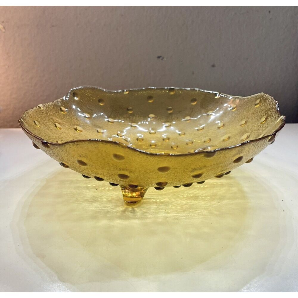 Vintage Pin dot hobnail pattern glass dish Amber art glass bowl made in Spain
